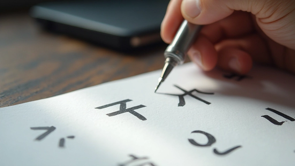 Close-up of Hangul characters being written with a black fountain pen on paper with grid lines