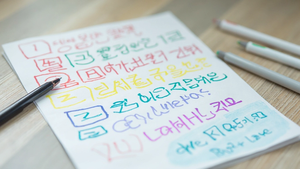 Close-up of Korean grammar notes with colorful highlighting on white paper, organized structure visible