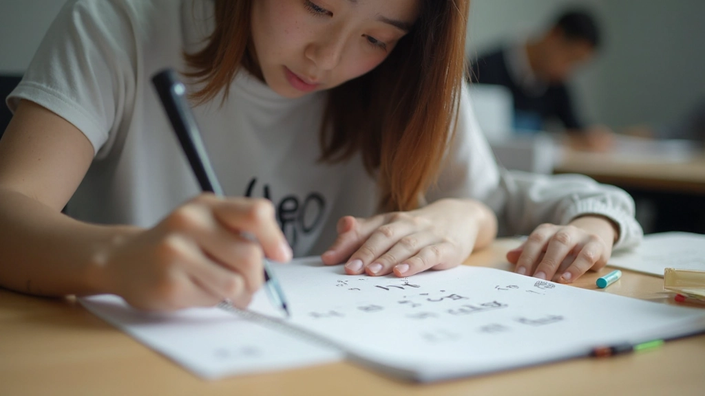 Student writing Korean grammar exercises at desk with textbooks and study notes