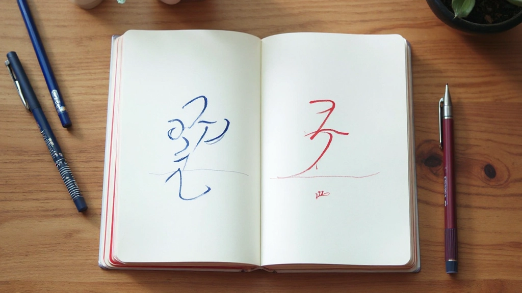 Notebook with Korean Hangul alphabet characters written on white pages with colored pens