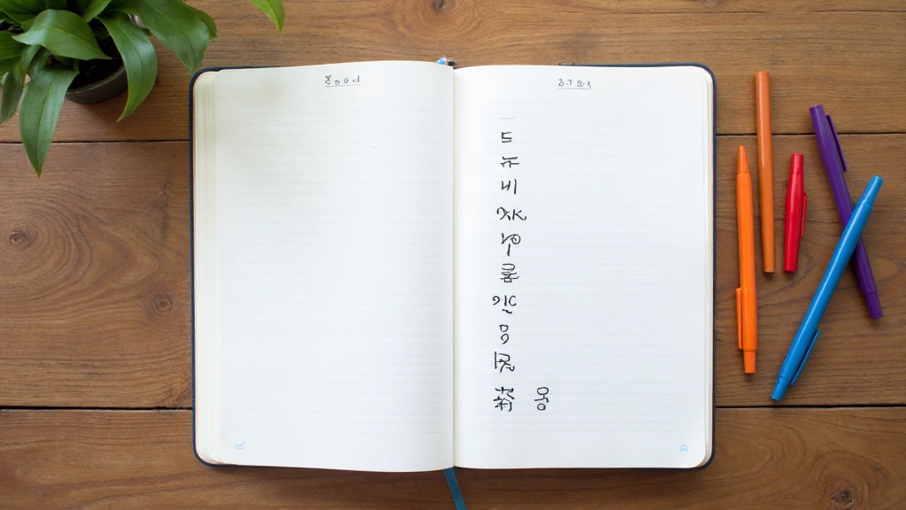 Flat lay of open notebook with Korean Hangul alphabet written on pages with colorful pen markers