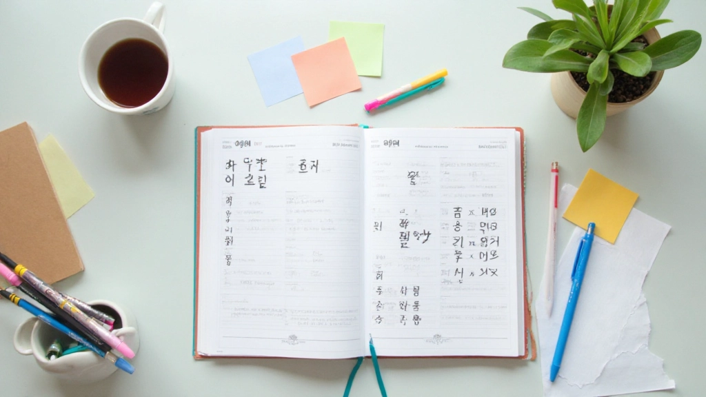 Flat lay workspace with Korean language study materials including notebook, dictionary, and learning guides on white surface