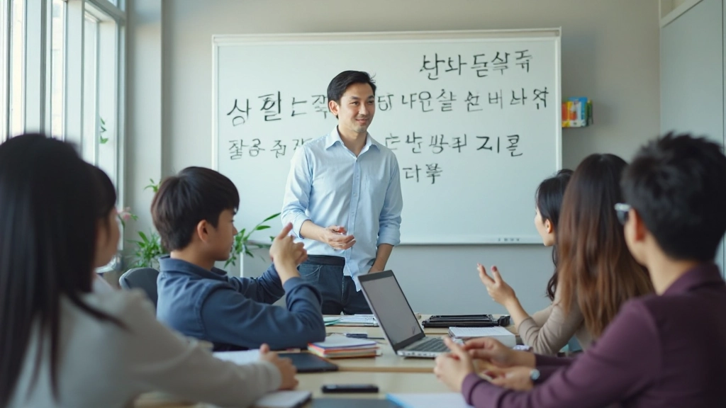 Instructor teaching Korean alphabet to students