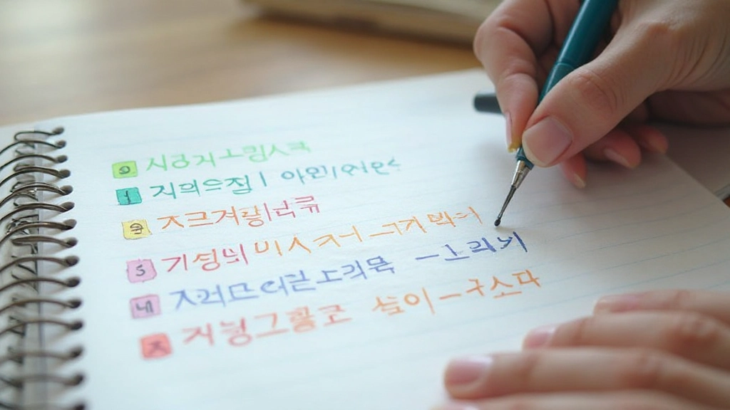 Closeup of Korean text showing particle markers (는, 을, 이) highlighted in different colors with annotations