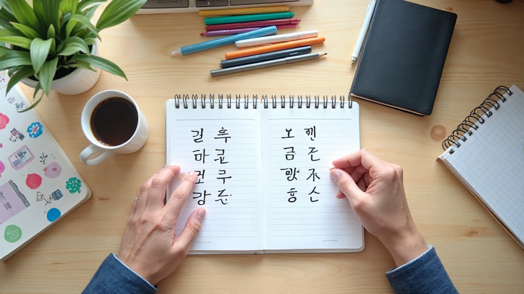Workspace showing practice notebook with handwritten Hangul syllables and learning materials spread across desk