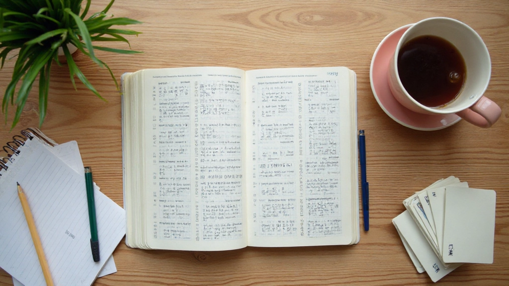 Top-down flat lay of Korean language learning materials including textbook, flashcards, pen, and cup of tea on desk