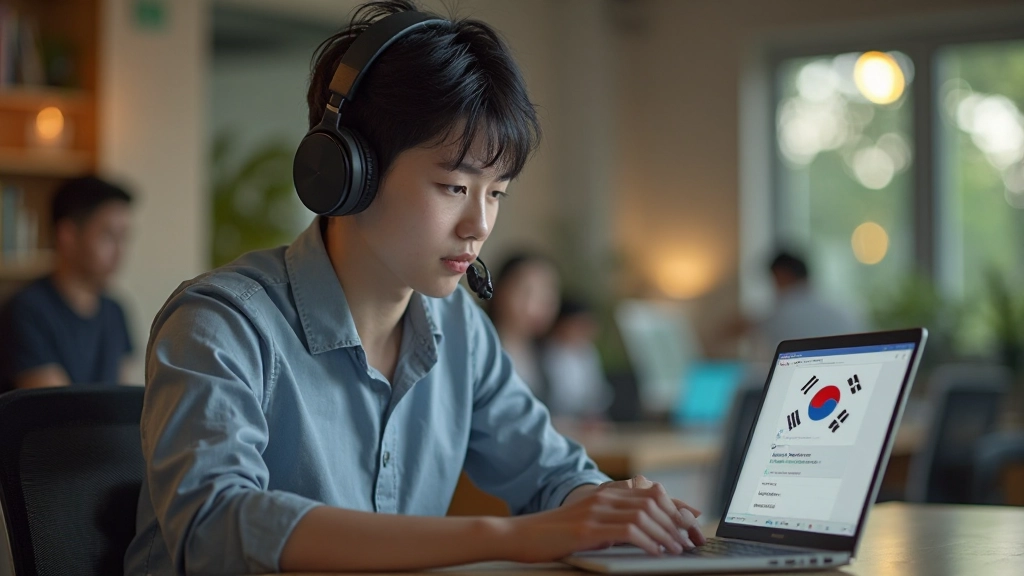 Professional photo of student with headphones studying Korean language on laptop with learning materials nearby