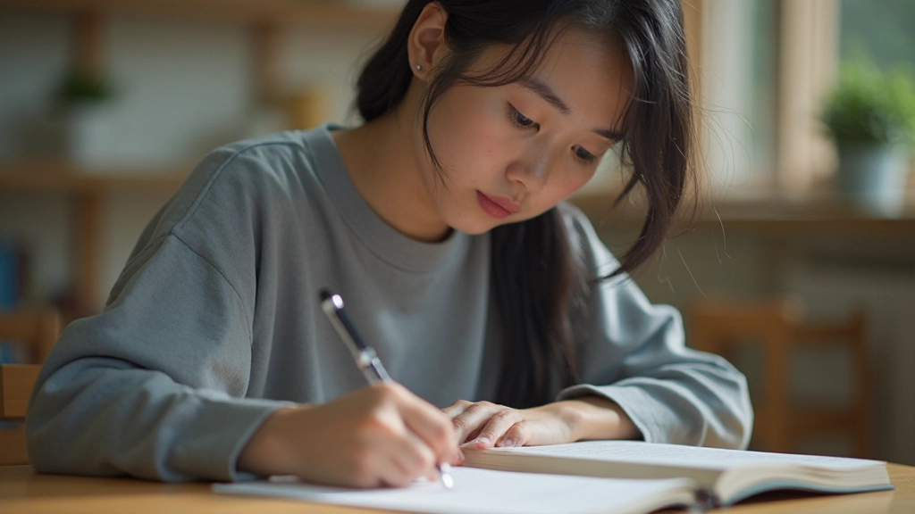 Student writing Korean Hangul characters on notebook page with focused expression during study session
