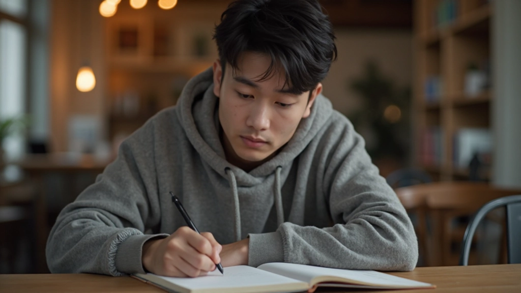 Student writing Korean words in notebook with study guide and coffee cup on desk