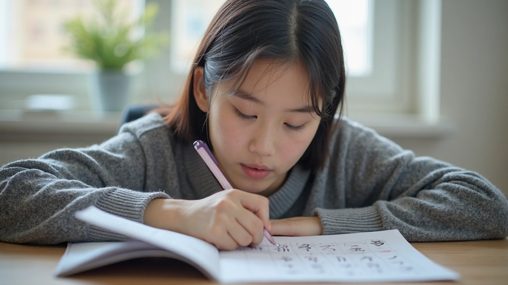 Student studying Hangul consonant chart with color-coded pronunciation guide and example words