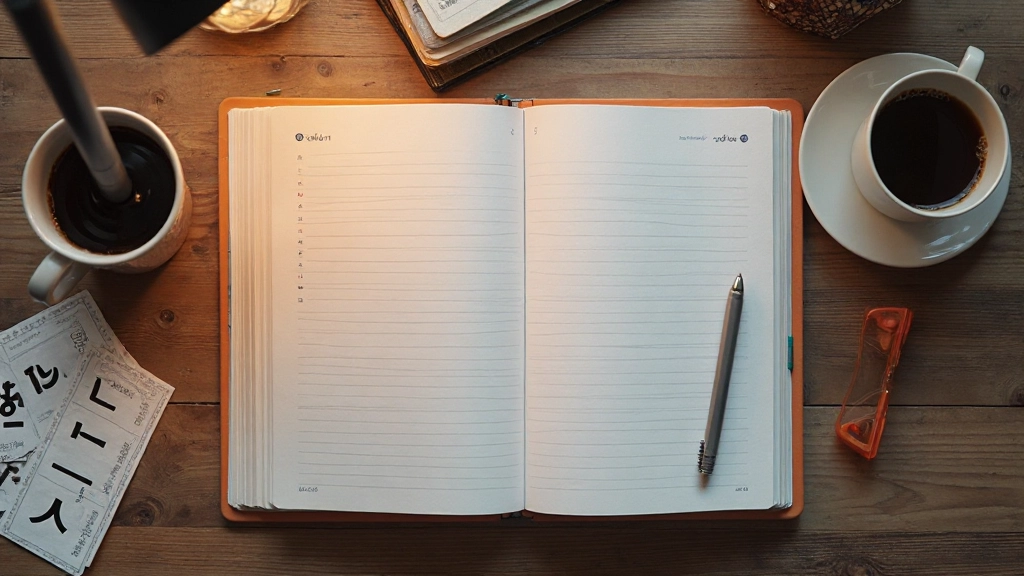 Desk setup with Korean language textbook, vocabulary flashcards, and study materials arranged neatly