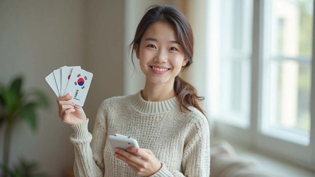 Person studying Korean vocabulary with colorful flashcards and notebook on a bright workspace