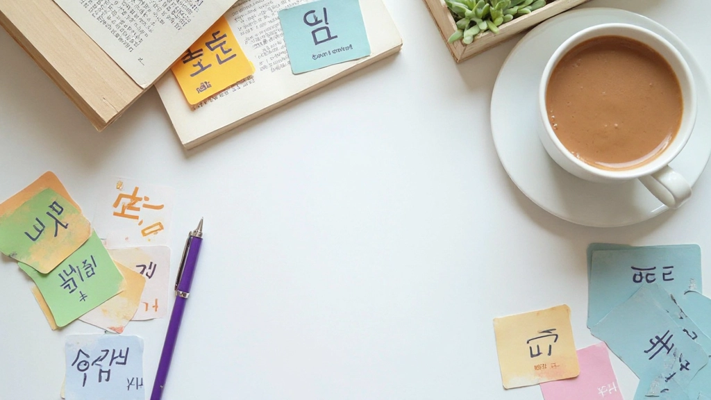 Colorful Korean flashcards and language learning materials spread out on table