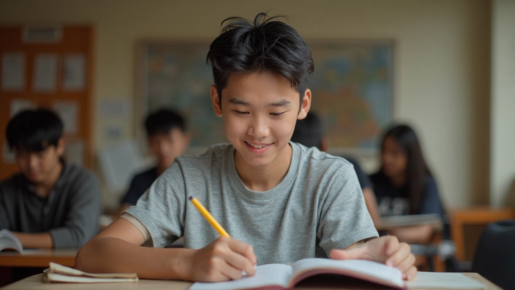 Student studying Korean with textbooks