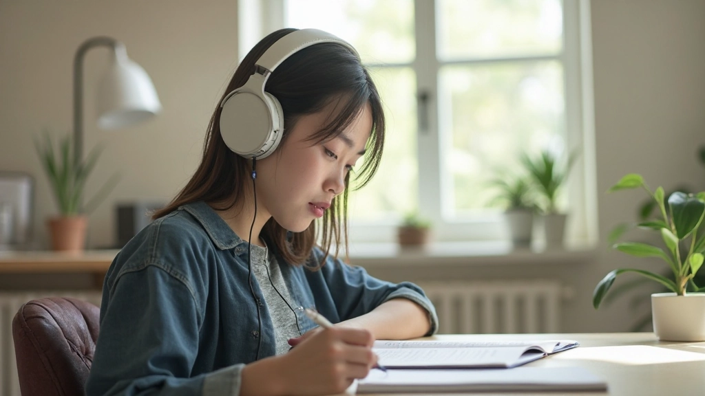Student learning Korean language with textbook and headphones in bright study environment